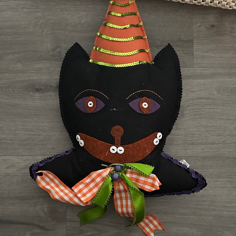Halloween Black Cat Pillow with Orange and Green Hat
